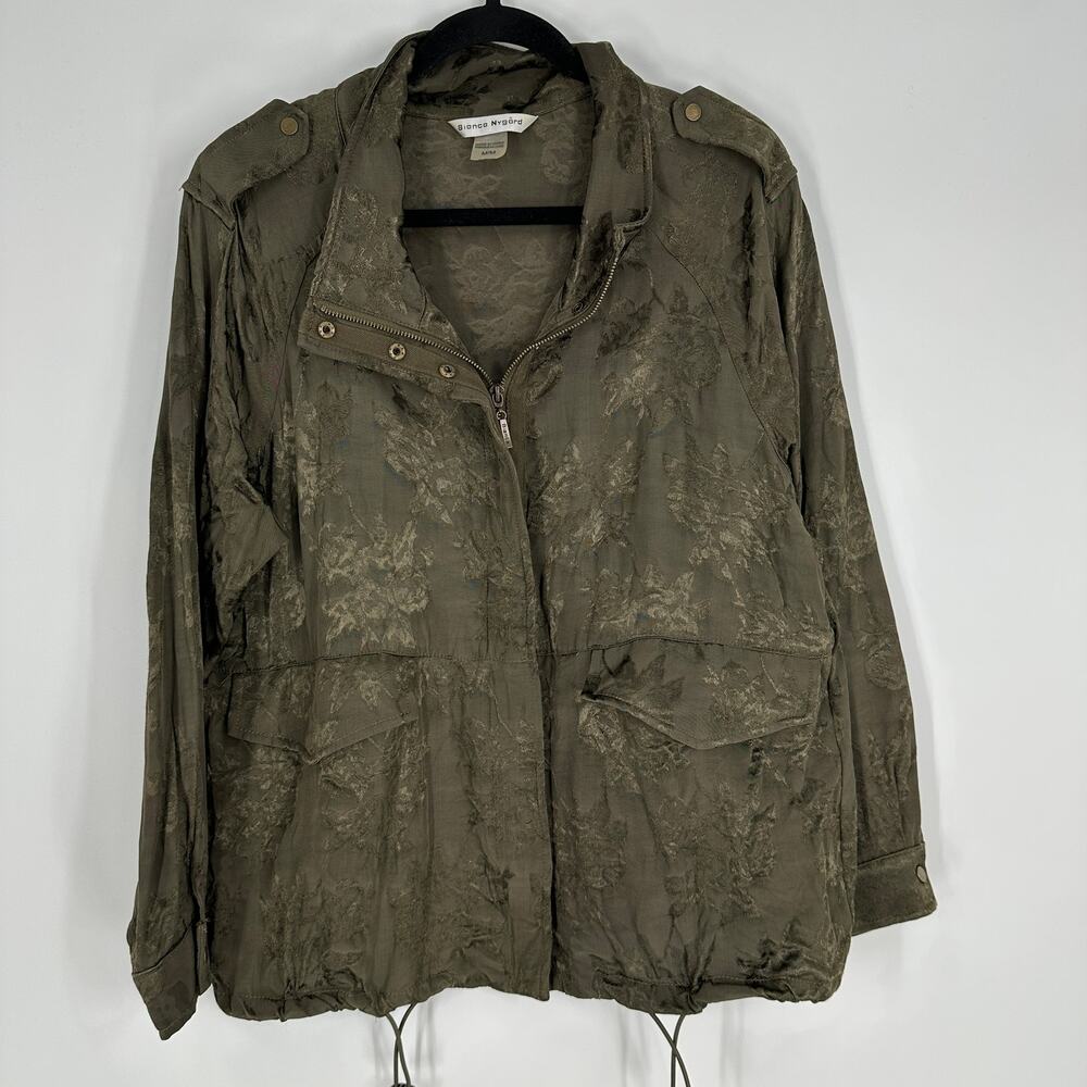 Bianca Nygard Olive Green Subtle Floral Pattern Drawstring Hem Bomber Jacket Med